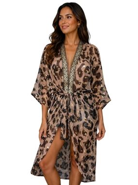 NWOT SUKI SO Leopard Gold Foil Sheer Kimono Duster Cover Up. O/S